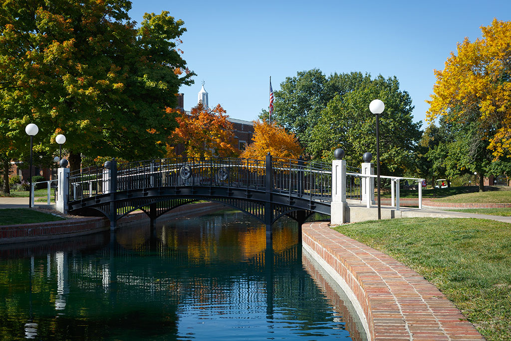 The bridge crossing the pond at Central College.