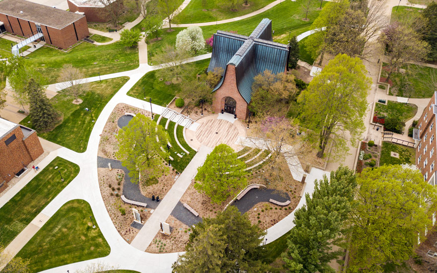 Aerial view of the Peace Mall amphitheatre and history garden.