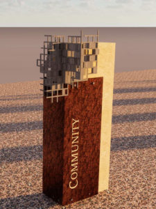 Rendering of the Community history marker depicting intertwined grids that illustrate the interdependence of Central and its home town.