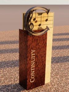 Rendering of the Continuity history marker, celebrating celebrates the Central A Cappella Choirs history with a motif referencing a 1930’s logo found on glee club beanies.