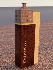 Rendering of the Creativity history marker, with a building representing one crafted as a small keepsake by the student artisans of CCSI.