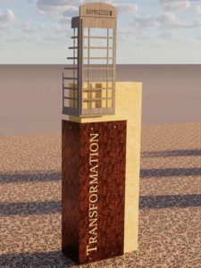 Rendering of the Transformation history marker, depicting the British telephone booth found on campus that represents study abroad programs.